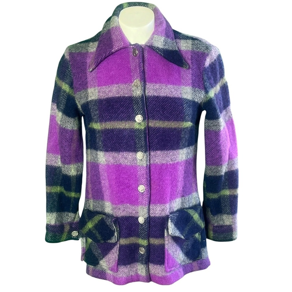 Vintage ILGWU Purple Plaid Mohair Wool Blend Jacket Coin Button Shacket Womens S